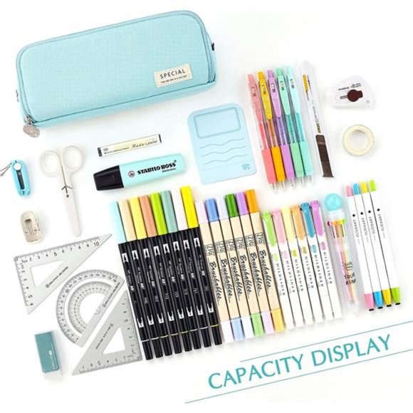 Large Capacity Pencil Case 3 Compartment Pouch Pen Bag Light Blue - Picture 3 of 6